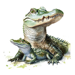 watercolor of A Mother Alligator With Her Kid, vector, isolated on a white background.