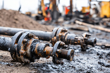 mangled petroleum coupling system with charred bolts and warped metal from depot bombing, conflict zone industrial setting