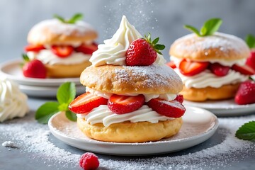 Three strawberry shortcakes with whipped cream
