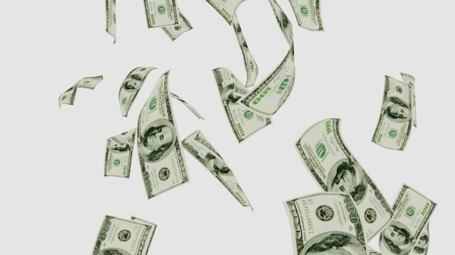 3d dollars bills falling down animation. Money rain loop One hundred dollar, Banknotes Money Flying, United States dollars falling transparent alpha channel 4k video., Money rains from the sky.