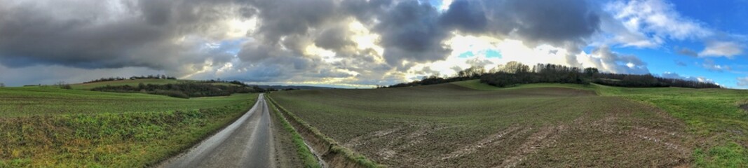 Fototapeta premium Panoramic view of a countryside road through rolling green fields under clouds