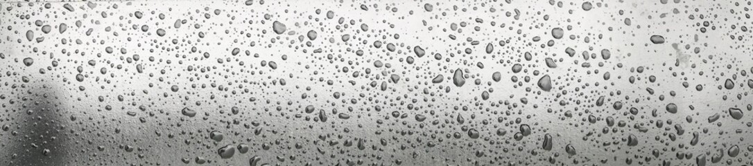 Panoramic view of textured raindrops on reflective surface in grayscale tones