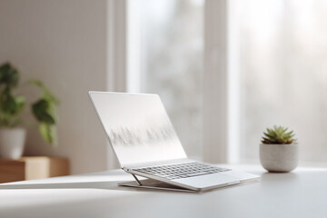 Clean, minimal workspace featuring a laptop on a white desk bathed in natural light. The screen displays a serene forest image, promoting calm and focus. Ideal for tech, work,  lifestyle content.