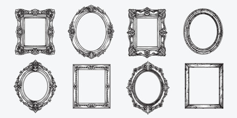 Hand drawn picture frames set. Sketch style highly detailed oval and rectangular wooden frames. Vintage retro wall decoration. Vector illustrations isolated on white background.