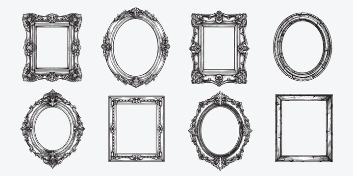 Hand drawn picture frames set. Sketch style highly detailed oval and rectangular wooden frames. Vintage retro wall decoration. Vector illustrations isolated on white background.