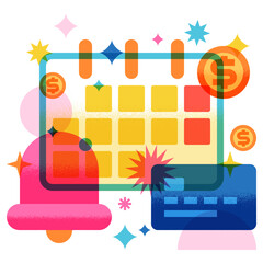 Vector illustration of calendar, credit card, bell alert. Payment reminder, notification, planning, budget concept