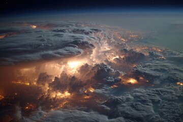 Bright flashes of lightning pierce through dense clouds, revealing the landscape below during a stormy night