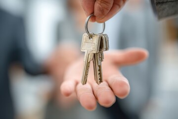 A person extends their hand to give keys, symbolizing the successful completion of a real estate deal inside an office environment