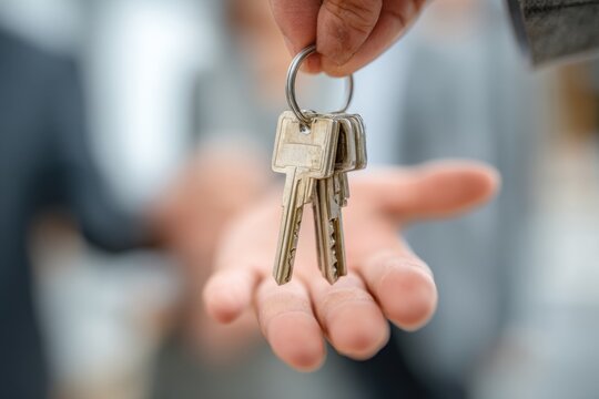 A person extends their hand to give keys, symbolizing the successful completion of a real estate deal inside an office environment