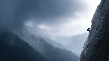 A lone climber ascends a steep rock face amidst a dramatic, misty mountain landscape.  Symbolizes challenge, ambition, and the pursuit of goals.