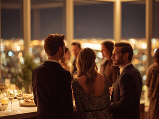 Elegant evening gathering atop a skyscraper, lights twinkling below. Sophisticated social event, perfect for conveying success, celebration, and urban luxury.
