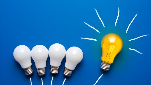 One bright yellow light bulb shines brightly with radiating lines while others remain unlit on blue background