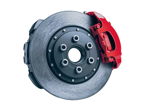 Car brake disc wheel and brake pads closeup metal automotive part