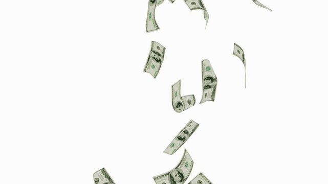 3d dollars bills falling down animation. Money rain loop One hundred dollar, Banknotes Money Flying, United States dollars falling transparent alpha channel 4k video., Money rains from the sky.