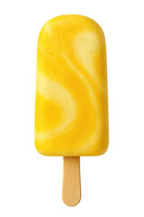 Mango Yogurt Popsicle with Swirled Yellow and White Texture on Wooden Stick, Cutout Transparent PNG