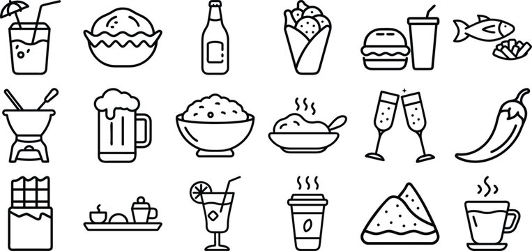 Set of 18 line icons related to food and drinks, outline icon bundle