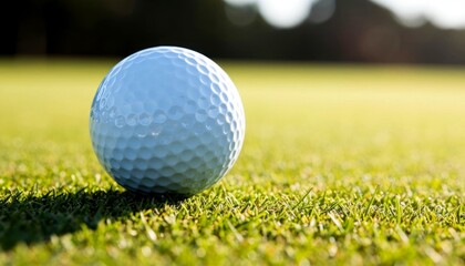 Obraz premium A close-up of a white golf ball resting on green grass. The sunlight casts a soft glow, highlighting the ball's dimples and the lush lawn.
