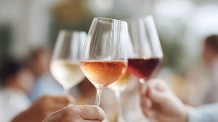 Elegant closeup of diverse wine glasses toasting, embodying celebration, friendship, and fine dining. Ideal for lifestyle, events, and hospitality themes.
