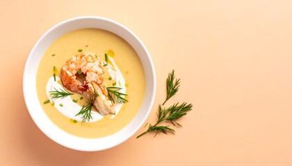 Lobster Bisque Soup With Shrimp Garnish and Fennel on Peach Background