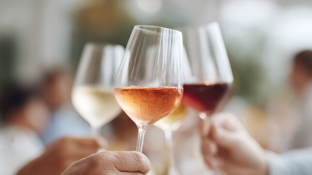 Elegant closeup of diverse wine glasses toasting, embodying celebration, friendship, and fine dining. Ideal for lifestyle, events, and hospitality themes.