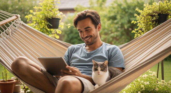 Smiling man relaxing in hammock with cat and digital tablet