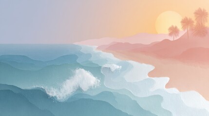 painting of a beach with a sunset in the background