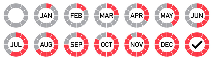 Red and gray circular month progress icons with yearly tracker. Circular red and gray month tracker showing progress from january to december with a tick mark in the final icon. Vector illustration.