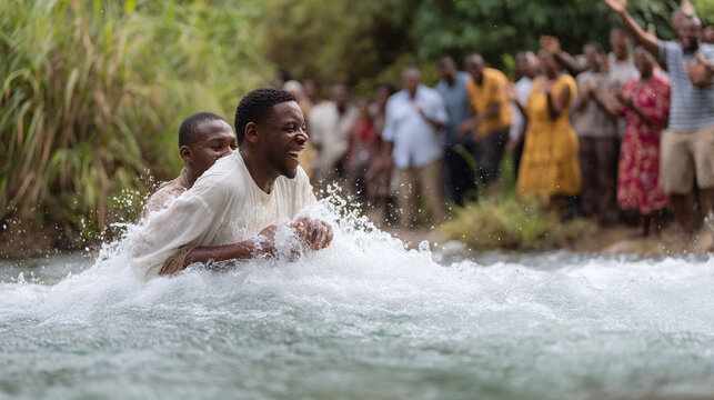 Joyful baptism scene. African man being immersed in river water, expressing faith and community support. Perfect for religious themes.