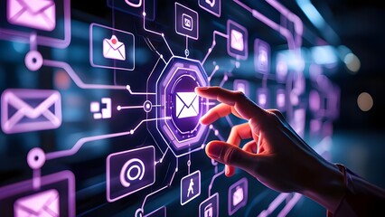 Human finger interacting with glowing digital interface displaying email and network connection icons