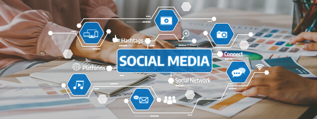 Explore innovative social media marketing concepts displayed on a modern desk, showcasing digital tools, collaboration, and creative strategies for effective online engagement. Amity