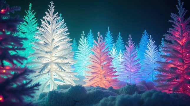 Group of glowing rainbow-lit white Christmas trees in a snowy fantasy landscape at night

