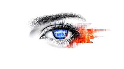 Digital Eye Abstract Art; Data Streams; White Background; Futuristic Tech