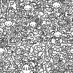 Hand-drawn seamless vector doodle pattern in black and white. Cute kawaii-style characters including animals, desserts, cartoon faces.