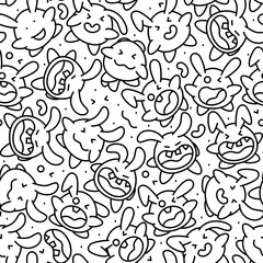 Funny seamless doodle vector pattern with kawaii-style monsters and emotions. Perfect for coloring pages, kids’ designs, fabric prints, packaging, and stationery.