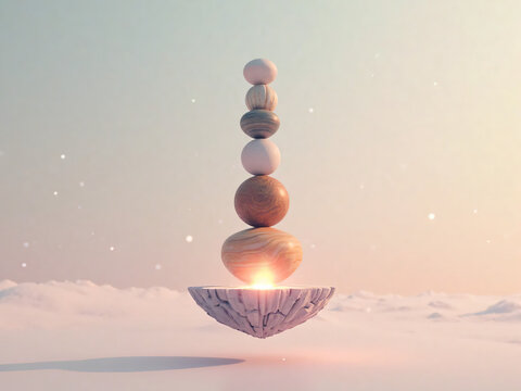 "A surreal tower made of perfectly stacked levitating orbs, each one a different material (stone, wood, crystal, light), slowly rotating around a glowing central core in a pastel sky void."