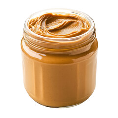 A glass jar filled with creamy peanut butter showing swirls on top isolated on transparent background
