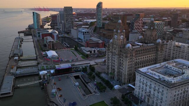 Aerial video of Liverpool cityscape at Sunset 