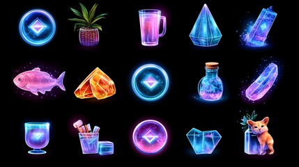 Glowing game icons, dark background, digital asset, UI design