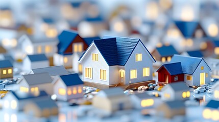 Illuminated suburban house model, night, neighborhood, real estate