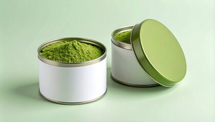 Matcha Powder Tins Mockup Against Green Background with Blank Label Wrap