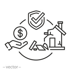 icon of compensation for destroyed property, property insurance,  security home, protection of real estate, damage house, thin line symbol on white background - editable stroke vector illustration eps