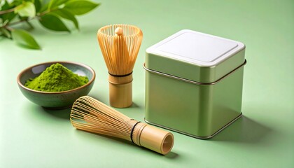 Matcha Tea Still Life Composition With Bamboo Whisk And Powder on Green Surface