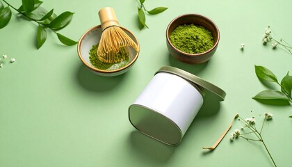 Matcha Tin Mockup With Matcha Powder Bamboo Whisk And Greenery on Soft Green Backdrop