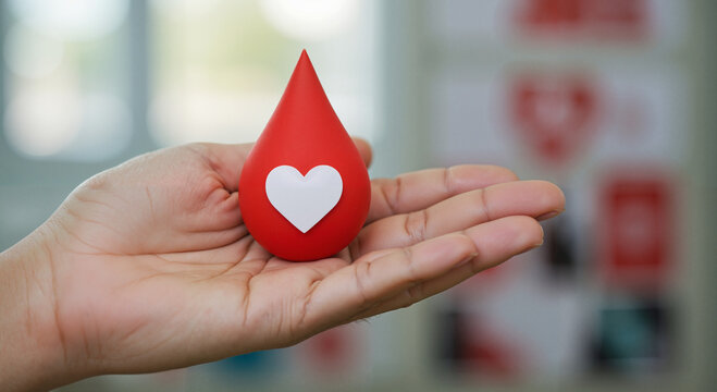 Hand holding red teardrop with heart symbol for blood donation awareness