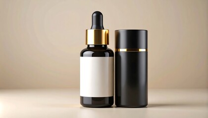 Naklejka premium Matte Black Beard Oil Bottle With Gold Trim And Blank Label Next To Cylinder on Neutral Background