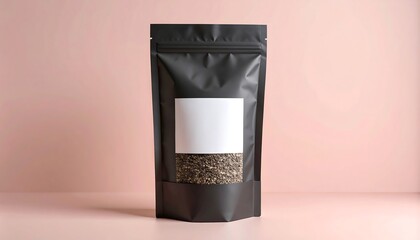 Matte Black Chia Seed Pouch with Blank Label on Pink Background Product Shot