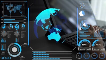High-tech global network connection interface showing worldwide digital communication, data...