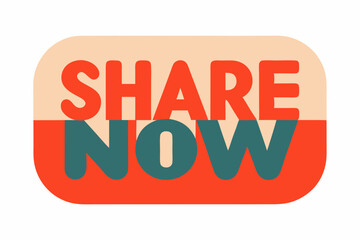 Bold red and teal share now text on rounded background