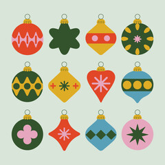 Collection of twelve retro style christmas ornaments in various festive shapes and colors