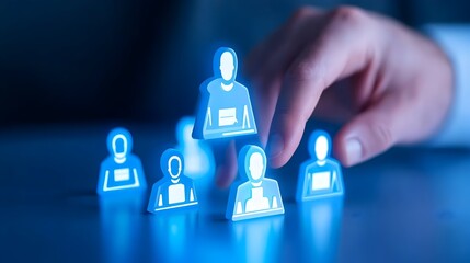 Hand selecting leader from digital team, office background, recruitment